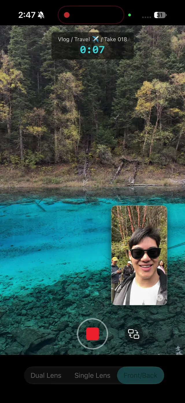 ContentCam recording in Front / Back mode beside a turquoise lake, the selfie camera shown as a picture-in-picture over the rear camera view
