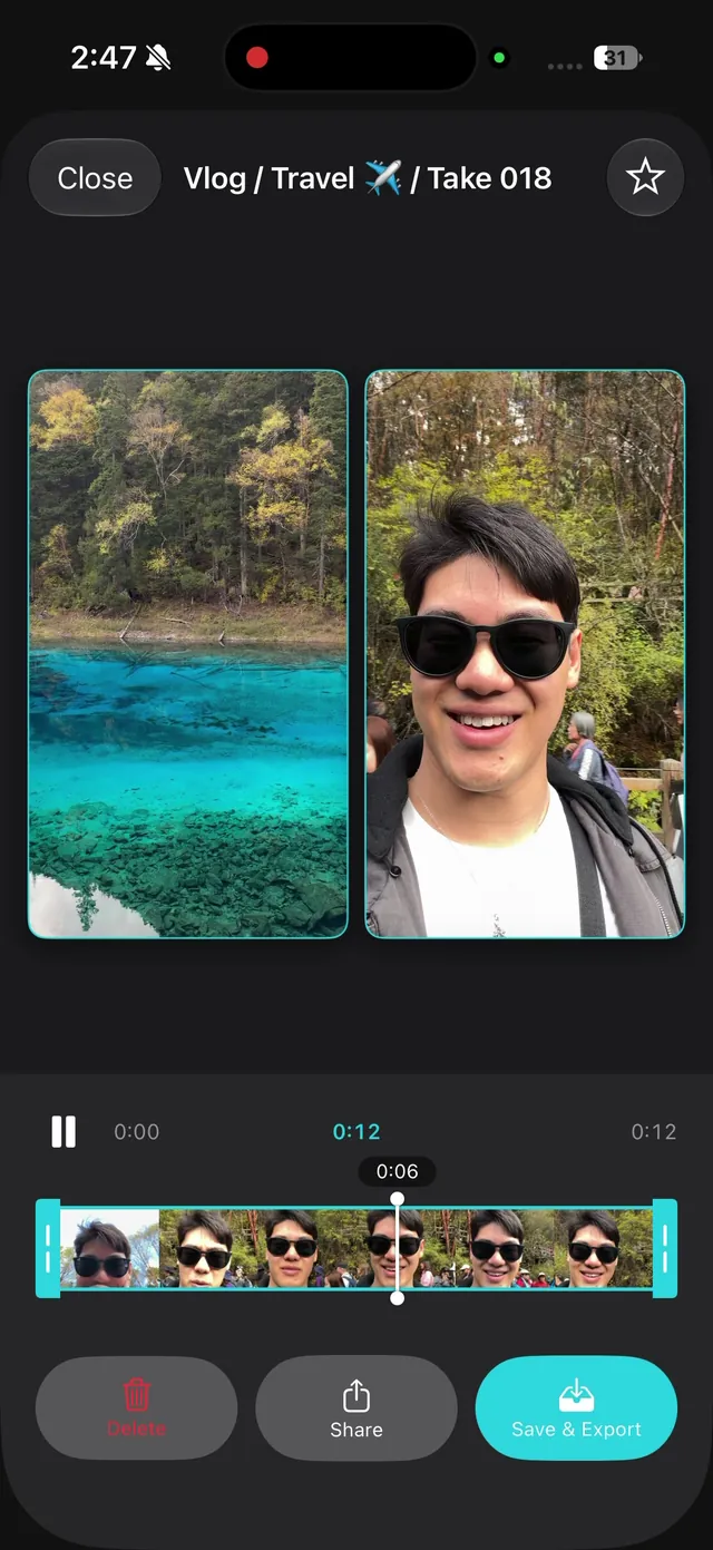 ContentCam review screen after a Front / Back take, showing the lake file and the selfie file next to each other