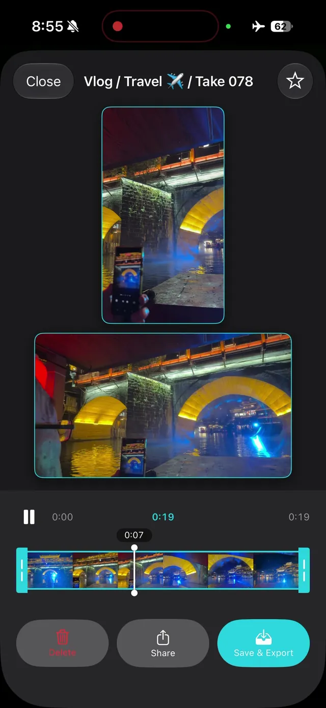 ContentCam review screen of a gold-lit arched bridge at night with a blue light beam, in portrait and landscape