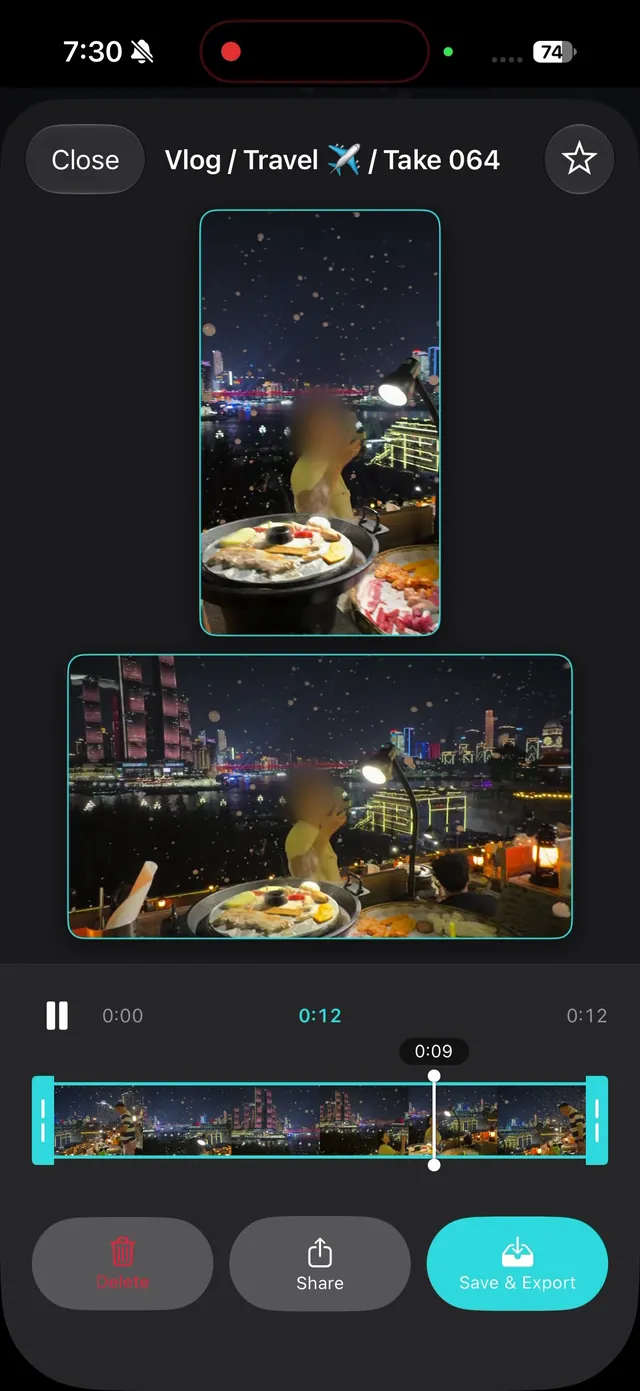 ContentCam review screen of a night skyline with pink-lit towers and floating bubbles, in portrait and landscape