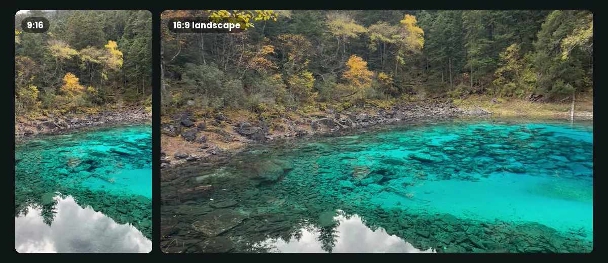 A clear turquoise pool under autumn trees with clouds reflected in the water, shown as a 9:16 portrait file beside a 16:9 landscape file