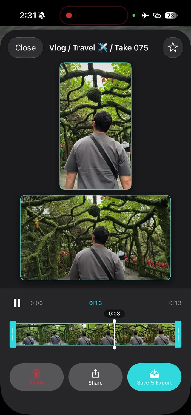 ContentCam review screen after a Dual Lens take, playing a tight portrait of the walk above a wide landscape of the whole tunnel