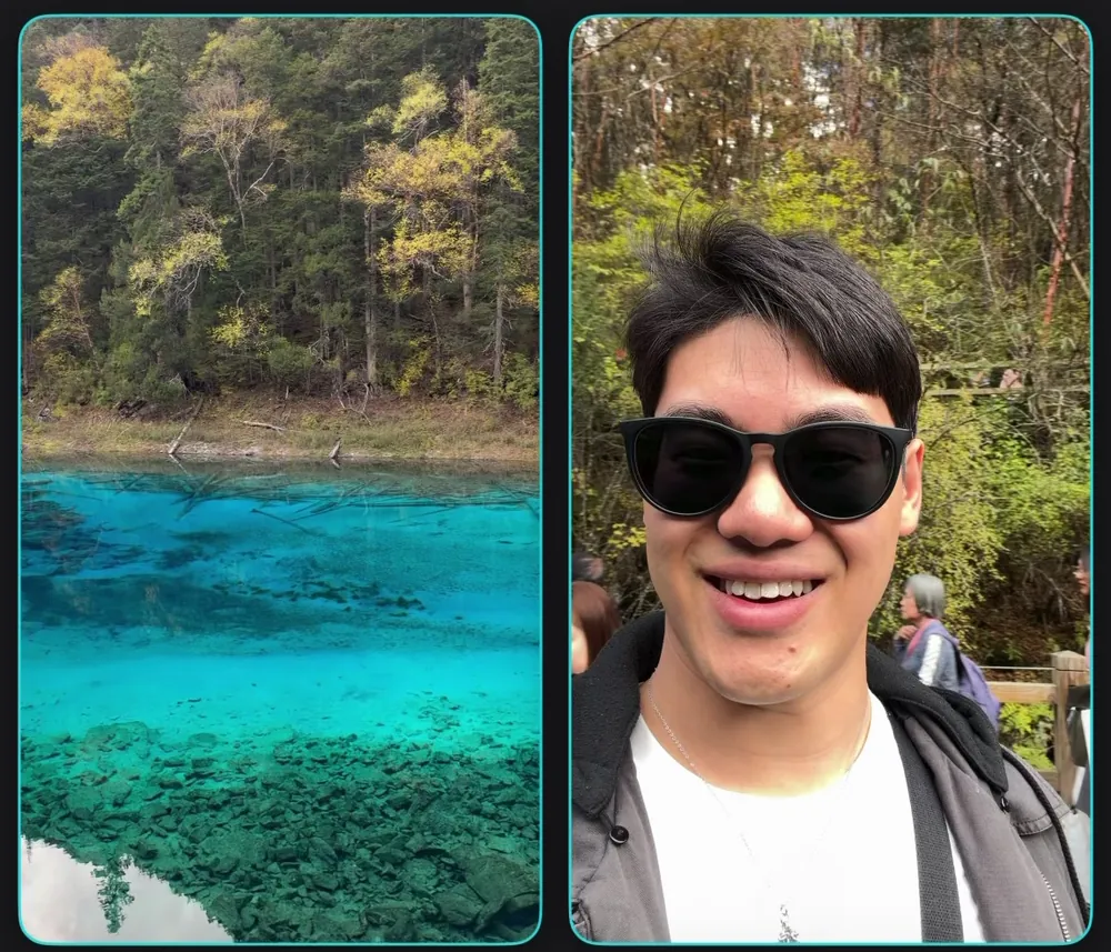 Two separate frames from one Front and Back take: a turquoise lake from the rear camera and a smiling selfie from the front camera