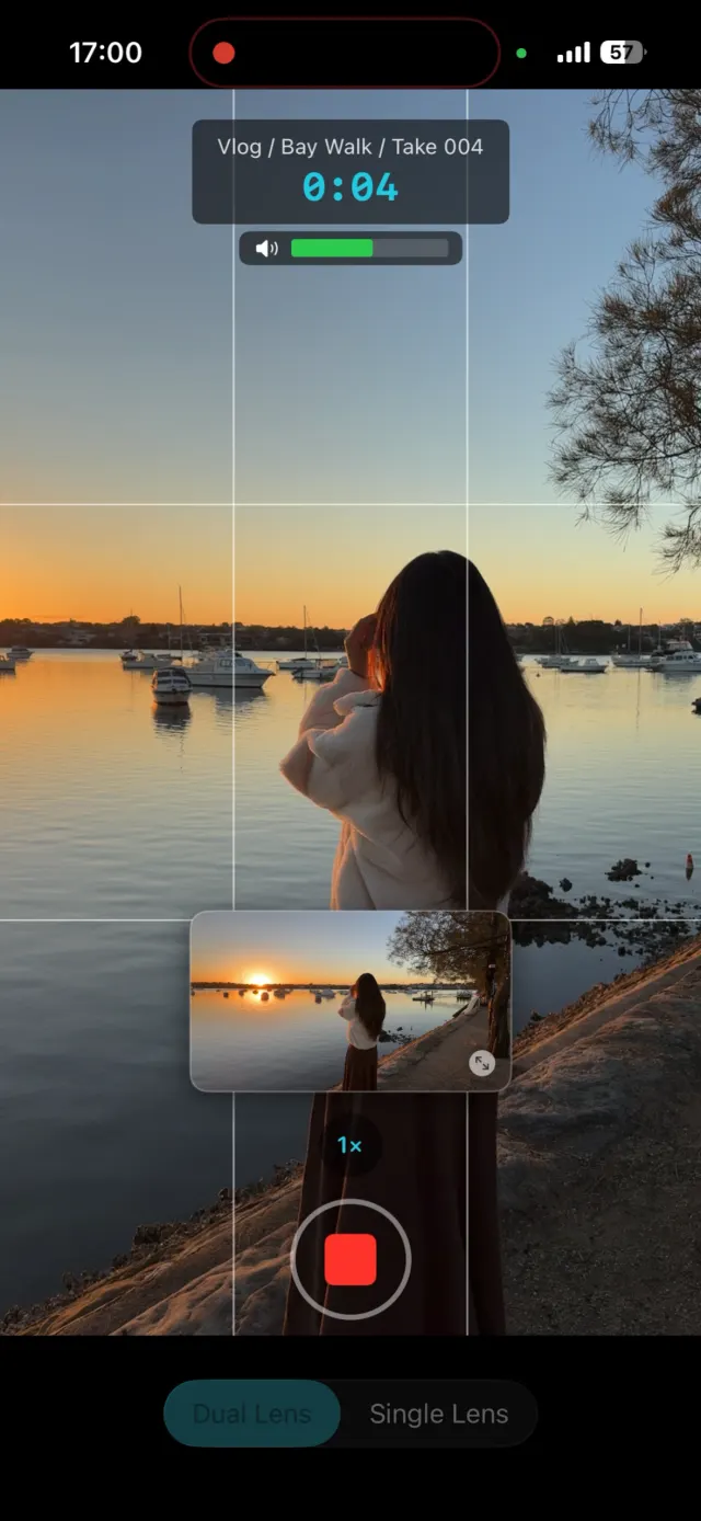 ContentCam recording screen with both the portrait and landscape framings visible