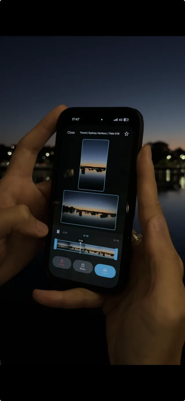 ContentCam review screen after a dual-format take