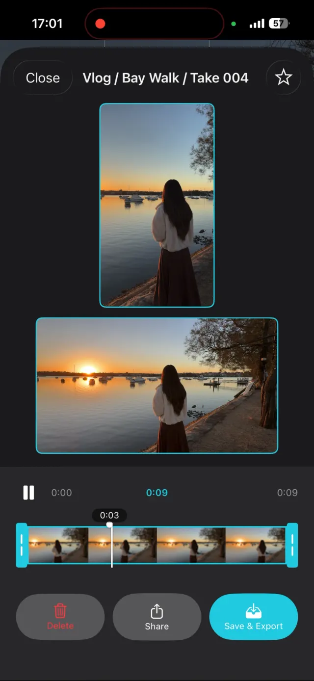 ContentCam review screen showing the portrait and landscape takes side by side